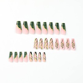 Foccna Green Long Fake Nails Tips Coffin Press on Nails Snake Women's French False Nails Long Glossy Daily Wear Artificail Nails for Gorgeous Nail Art Manicure Decoration