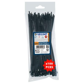 VELAMP - Fascette Stringicavo Nere 2,5x200mm, 100 Pz - Fascette Plastica Stringitubo Adatte a Cablaggi Elettrici e Lavori Fai da Te, Resistenti a Rottura, UV e Temperature - Diametro Legatura Max 53mm