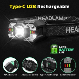 Hyted Stirnlampe LED Wiederaufladbar, 2 Stück 2000 Lumens Superhell Sensor Stirnlampe mit 10 Lichtmodi, IPX5 Wasserdicht LED Kopflampe Perfekt zum Joggen, Campen, Angeln