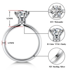 DMSF 1CT Moissanite Engagement Ring for Women 6 Prongs Round Cut Solitaire Ring 925 Sterling Silver D Color VVS1 Wedding Promise Ring for Her, 5, Sterling Silver, Moissanite
