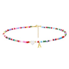 JewelryWe Boho Buchstaben Choker Kette: Handgefertigt Buchstabenkette Anfangsbuchstabe A Initial Halskette mit Herz Anhänger Bunt Verstellbare Perlenkette Sommer Strand Schmuck für Damen Mädchen