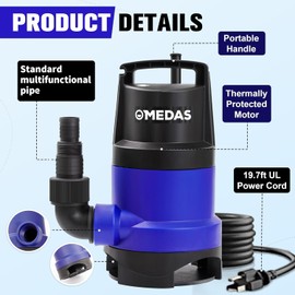 MEDAS 1HP 3434 GPH Sump Pump Submersible Clean/Dirty Water Pump Portable Utility Pump with 16.4ft Cord for Swimming Pool Garden Basement Tub Pond Draining