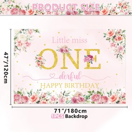 Floral 1st Birthday Decoration, Floral Miss Onederful Banner Backdrop for Girls First Birthday Party Decor, Little Miss Onederful Happy 1st Birthday Party Decoration, 180x120cm