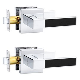 Probrico Heavy Duty Square Door Handle with Black Leather Hand Lever, Keyless Passage Interior Door Levers for Hallway or Closet, Polished Chrome, 2 Pack