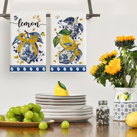 Artoid Mode Lemon Bow Flowers Chinoiserie Summer Kitchen Towels Dish Towels, 18x26 Inch Farmhouse Decoration Cleaning Set of 2