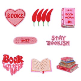 8Pcs Bookish Iron on Patches, Embroidered Patch Pink Sew on Repair Embroidered Applique for Clothes Hats Socks Jeans DIY Accessories Reading Gifts for Women Bookworm