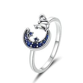 DWJSu Moon And Star Cat Adjustable Open Tail Finger Sterling Silver Stacking Band Ring for Women