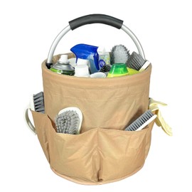 Goujfol Cleaning Caddy with Handle, Tool Bag with Handle, 17L Bucket Bag, Foldable Storage Basket, Portable Multi Cleaning Organiser Caddy, Multi Pocket Craft Universal(Khaki)