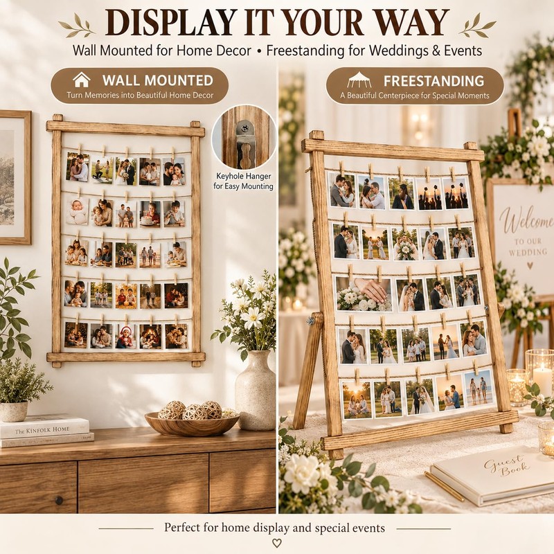 Wooden Photo Display Board with 30 Clips, 25 x 33