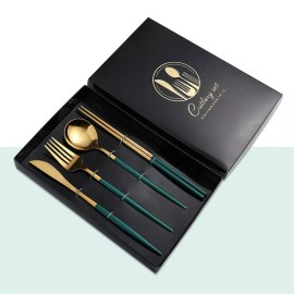 4 Pcs Set  Stainless Steel Cutlery Set Spoon Fork Knife chopsticks with Gift Box
