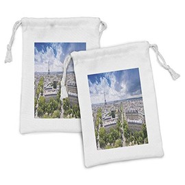 Ambesonne European Fabric Pouch Set of 2, Aerial Paris Eiffel Tower French Heritage Culture Architecture Image, Small Drawstring Bag for Toiletries Masks and Favors, 9" x 6", Pale Blue Cream Green