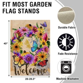 Artofy Welcome Summer Flower Wreath Home Decorative House Flag, Daisy Floral Garden Yard Vintage Butterfly Decor Outside Decorations, Spring Farmhouse Outdoor Large Burlap Flag Double Sided 28 x 40