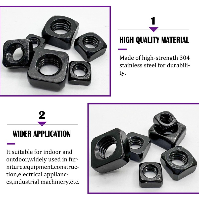 M6 Square Nuts,Black 304 Stainless Steel Square Nuts,Durable Fasteners for