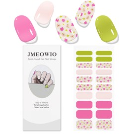 JMEOWIO Gel Nail Stickers Cream Pink Flower Green Semi Cured Gel Nail Strips Wraps UV/LED Nail Supplies Nail Art Design Decoration Accessories