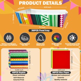 112 pcs (36 Set) Mexican Birthday Party Fiesta Themes Decorations Cinco De Mayo Disposable Paper Food Snack Nacho chips Trays Wax sheet Napkins Concession Stands Hot Dog Taco Boats Party Supplies