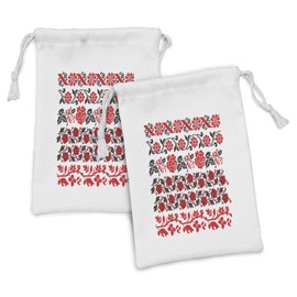 Lunarable Ukrainian Fabric Pouch Set of 2, Romantic Floral Bouquet with Valentines Day Themed Roses Pixel Petals and Leaves, Small Drawstring Bag for Toiletries Masks and Favors, 9" x 6", Black Red