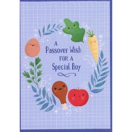 Designer Greetings Wreath of Smiley Faced Seder Foods: Egg, Greens, Carrot, Apple, Chicken Juvenile Passover Card for Young Boy