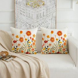 HOMFREEST Fall Flowers Throw Pillow Covers 18x18 Inch Flower Decorative Lumbar Pillowcases Farmhouse Autumn Seasonal Harvest Patio Cushion Cases for Sofa Couch Set of 2