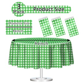 HEIPINIUYE 3 Pack Green and White Round Checkered Tablecloth 84 ×84 Green Plaid Table Cover Disposable Tablecloth for Round Tables Party Picnic Camping Birthday Checkered Round Plastic Table Cloth