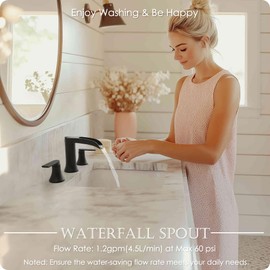 HOIGY Matte Black Widespread Bathroom Sink Faucet 3 Hole, 8 Inch Waterfall Faucet for Bathroom Sink with Pop-Up Drain and cUPC Supply Lines, 2 Handles for Vanity Lavatory Restroom, Brass Material