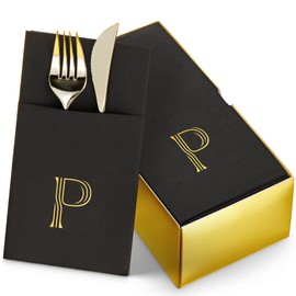 50-Pack Monogrammed Napkins Black With Pocket For Flatware, 16" x 16" Gold Foil Letter P Disposable Linen-Feel Napkins, Prefolded Silverware Pocket Napkins For wedding, Party Or Baby Shower
