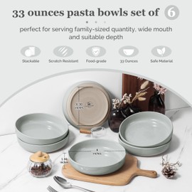 HaWare Pasta Bowls Set of 6, 32oz Large Salad Bowls for Home Kitchen, Ceramic Serving Plates for Soup, Cereal, Scratch-resistant Wide and Shallow Dinner Bowl, Microwave & Dishwasher Safe, Misty Grey