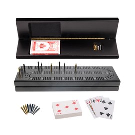 WE Games Wooden Cribbage Board Game Set with Storage, Black Stained Continuous 3 Track Card Game for 2-3 Players