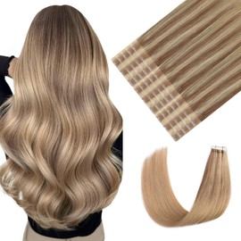 Youngsmile Injection Tape in Hair Extensions Real Human Hair 20pcs 45g 20inch Ash Brown to Caramel Blonde Invisible Edge Tape in Injected Hair for Women Straight Human Hair (#10/27/27,20'')