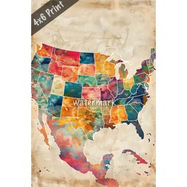 Vintage USA map design watercolor Art 4x6 Print