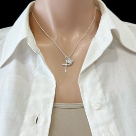 Sterling Silver Cross Necklace with Tiny Heart Charm, Confirmation Gift Necklace, First Communion Gift Necklace, Goddaughter Gift Necklace, 16 inches with extender