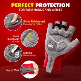 HIKENTURE Cycling Gloves for Men,5mm Padded Half Finger Bike Gloves,Women Shock-Absorbing Anti-Slip Bicycle Gloves for MTB,Roading Biking(Red L)