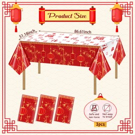 3 Pcs Chinese New Year Tablecloth 2025 Chinese New Year Decoration Plastic Happy New Year Tablecloth 51 x 87 Inch Table Decor for Spring Festival Party Supplies