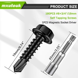 mxuteuk #8×3/4" Self Tapping Screws,410 Stainless Steel Self Tapping Screws for Metal,Self Drilling Screws,Hex Washer Head Screws Suitable for Wood, Metal or Tough Materials (180PCS)