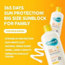 Derma B Derma B Everyday Sun Block Large Size Sunscreen SPF50+ PA++++ 6.71 Fl Oz, 200ml Fast-Absorbing Lightweight SPF Moisturizer, Facial Body Non-Sticky for Dewy Skin, Korean Protection Lotion