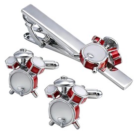 QINGANRAN Drum Set Cufflinks and Tie Clip Set, Silver Red Enamel Music Theme Accessory for Men