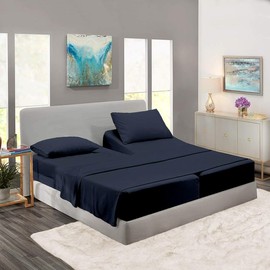 Rajlinen Split Queen Sheet Set for Adjustable Bed, 100% Egyptian Cotton, 5 Piece Set, Dual 16" Deep Pocket Fitted Sheets, Soft, Cooling, Breathable, Luxurious Bedding, Navy Blue Solid