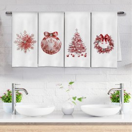 OVAcational Red Chinoiserie Christmas Kitchen Towels, Xmas Snowflake Wreath Decorative Hand Towels for Bathroom, Christmas Dish Tea Towel for Kitchen, 16x24 Inch Set of 4