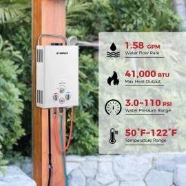 Camplux Tankless Gas Water Heater Portable Instant Shower System Outdoor Camper - Water Heater Set, 6L