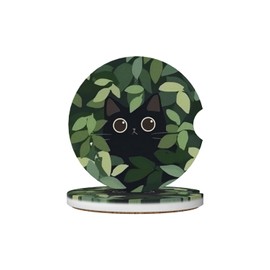 KWSAAHU Car Cup Holder Coasters, 2 Pcs Ceramic Coasters with Cork Back and Finger Slot, Anti-Slip Shock Absorbing Women and Men Universal Car Accessories - Lovely Black Cat