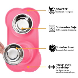 Hubulk Pet Dog Bowls 2 Stainless Steel Dog Bowl with No Spill Non-Skid Silicone Mat + Pet Food Scoop Water and Food Feeder Bowls for Feeding Small Medium Large Dogs Cats Puppies (S, Pink)
