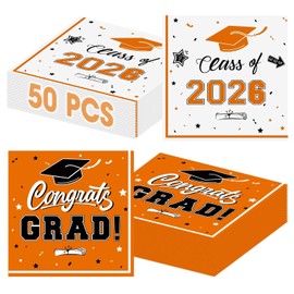 50 Pcs Graduation Napkins Decorations - Orange Class of 2026 Congrats GRAD 3-Ply Paper Cocktail Dinner Napkins Set for 2026 Graduation Party Supplies Table Decor Favors, 6.5 x 6.5 Inch