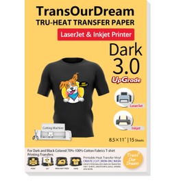 TransOurDream Tru-Heat Transfer Paper for Inkjet & LaserJet Printer (Dark 3.0, 15 Sheets 8.5x11") Printable HTV Heat Transfer Vinyl for T Shirts Iron on Transfers for Dark Fabric (TRANS-D3-15-3)