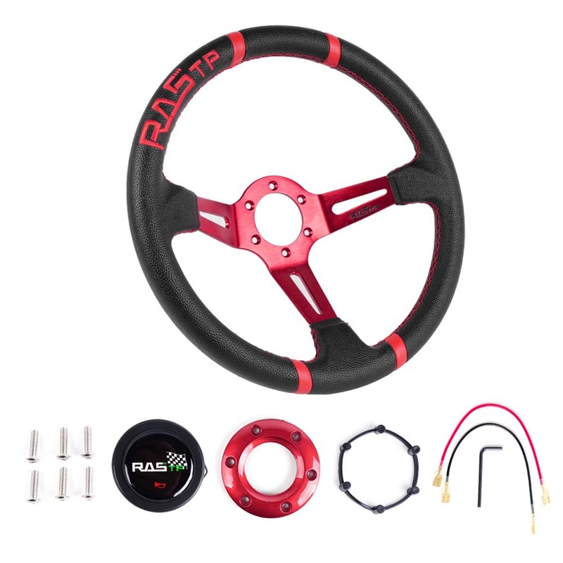 RASTP Universal Racing Steering Wheel,Deep Dish Steering Wheel Leather Embroidery