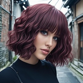CROWN ARTISTRY Burgandy Mix Blue Short Bob Wigs with Bangs for Women Loose Wavy Hair Wig Curly Wavy Bob Cosplay Wig Shoulder Length Heat Resistant Synthetic Costume Wig, 14 Inch