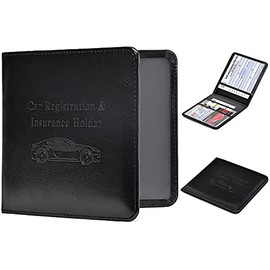 HERRIAT Car Registration and Insurance Card Holder - Leather Vehicle Glove Box Automobile Documents Paperwork Wallet Case Organizer for ID, Driver's License, Key Contact Information Cards - Men&Women