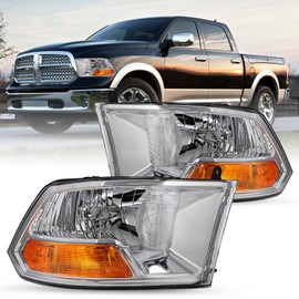 JSBOYAT Headlight Assembly Compatible with 2009 2010 2011 2012 Dodge Ram 1500 2500 3500 OE Replacement Headlamp Chrome Housing (Only Fit for Dual Beam Model)