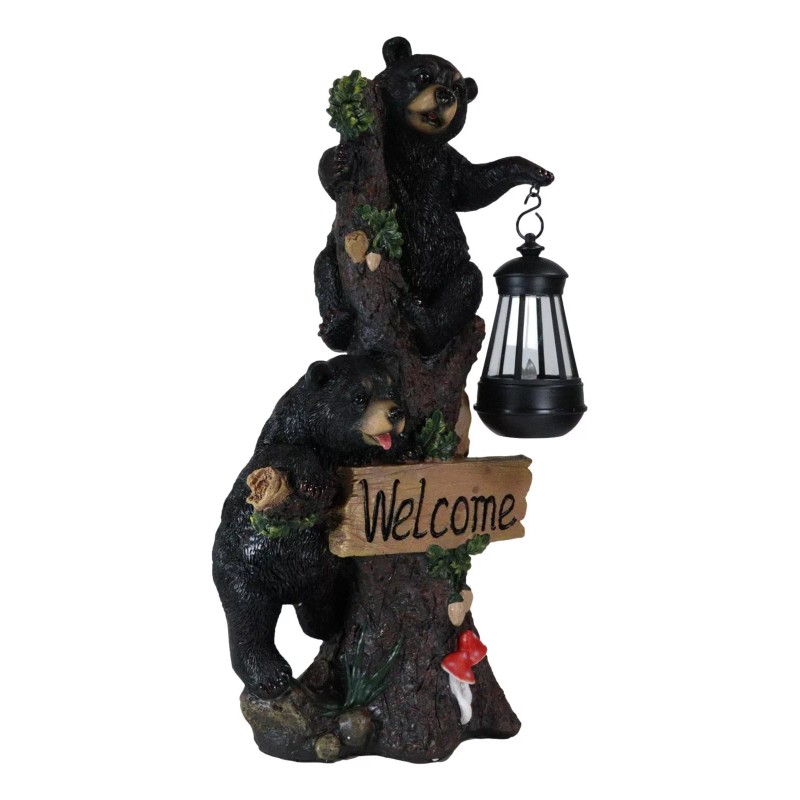 Climbing Black Bear Cubs Garden Light Welcome Statue Figurine Solar