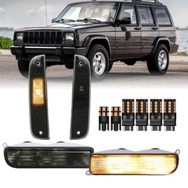 USR 97-01 XJ Cherokee SMOKE Lens Corner Side marker Light & Front Bumper Turn Signal Light - WITH x6 LED AMBER Bulbs UPGRADE – 4 piece Lamps (Left + Right) - Compatible with 1997-2001 Jeep Cherokee XJ