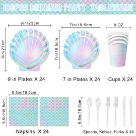 QIYANPAX 168 Pcs Mermaid Party Supplies Mermaid Birthday Decorations Includes Plates Napkins Cups Cutlery for Under the Sea Party Decorations, Serve 24