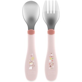 Chicco - Juego de cubiertos de acero inoxidable para niños, tenedor y cuchara de avena para niños, acero inoxidable, fácil de portar, juego de destete de primera comida, 2 piezas, 18 m, color rosa